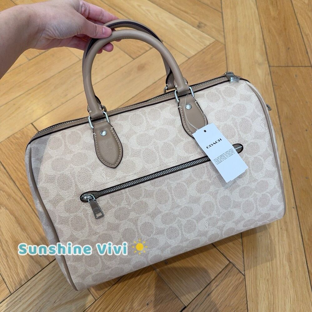 NWT Coach Rowan Large Satchel Bag In Signature Canvas CV959 Sand Taupe Silver - Picture 3 of 9